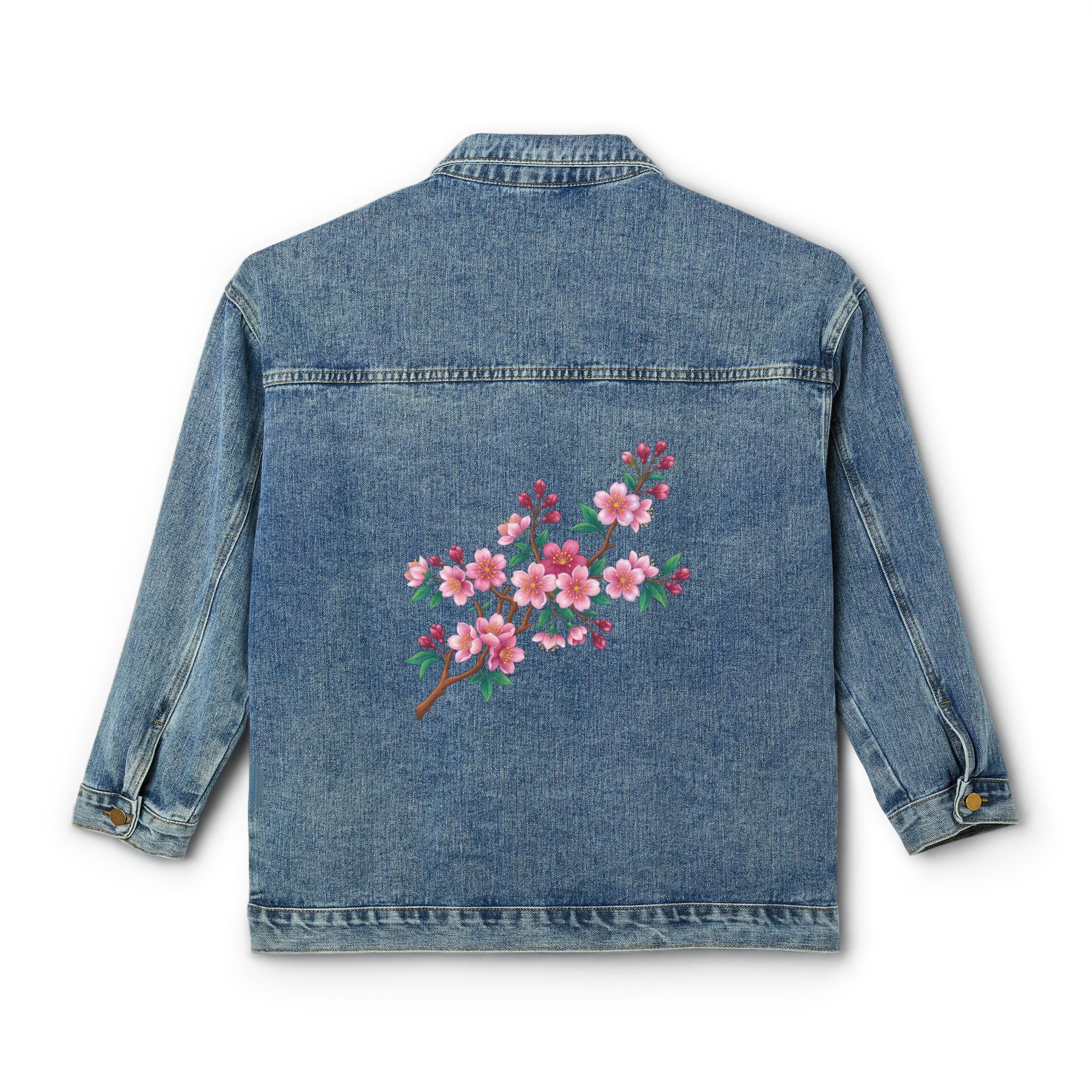 Women's Denim Jacket with Cherry Blossom Back Embroidery — Floral Jean Jacket