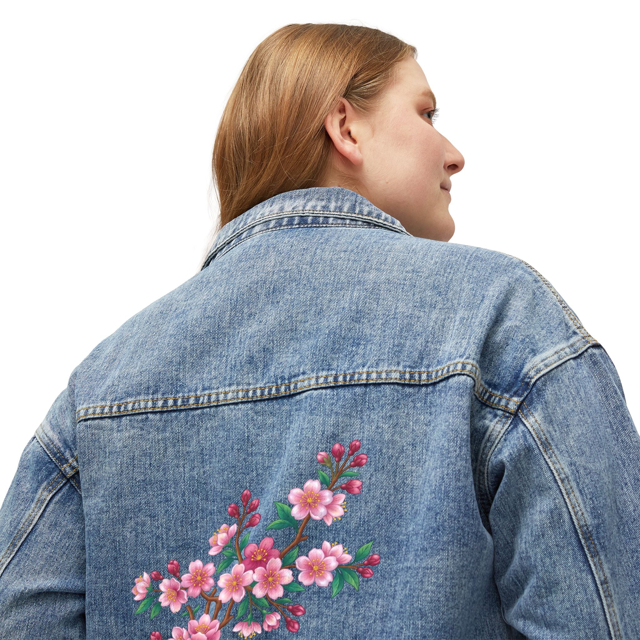 Women's Denim Jacket with Cherry Blossom Back Embroidery — Floral Jean Jacket