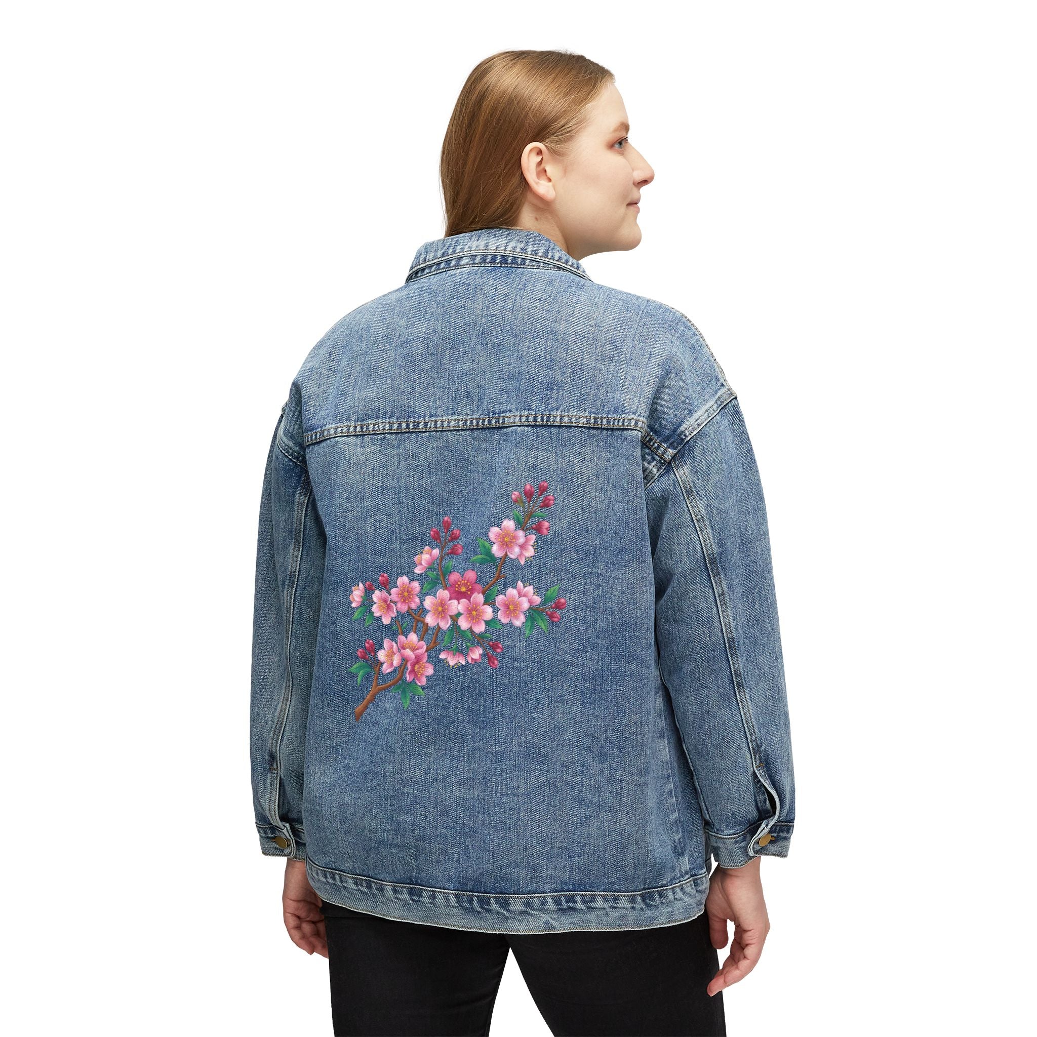 Women's Denim Jacket with Cherry Blossom Back Embroidery — Floral Jean Jacket