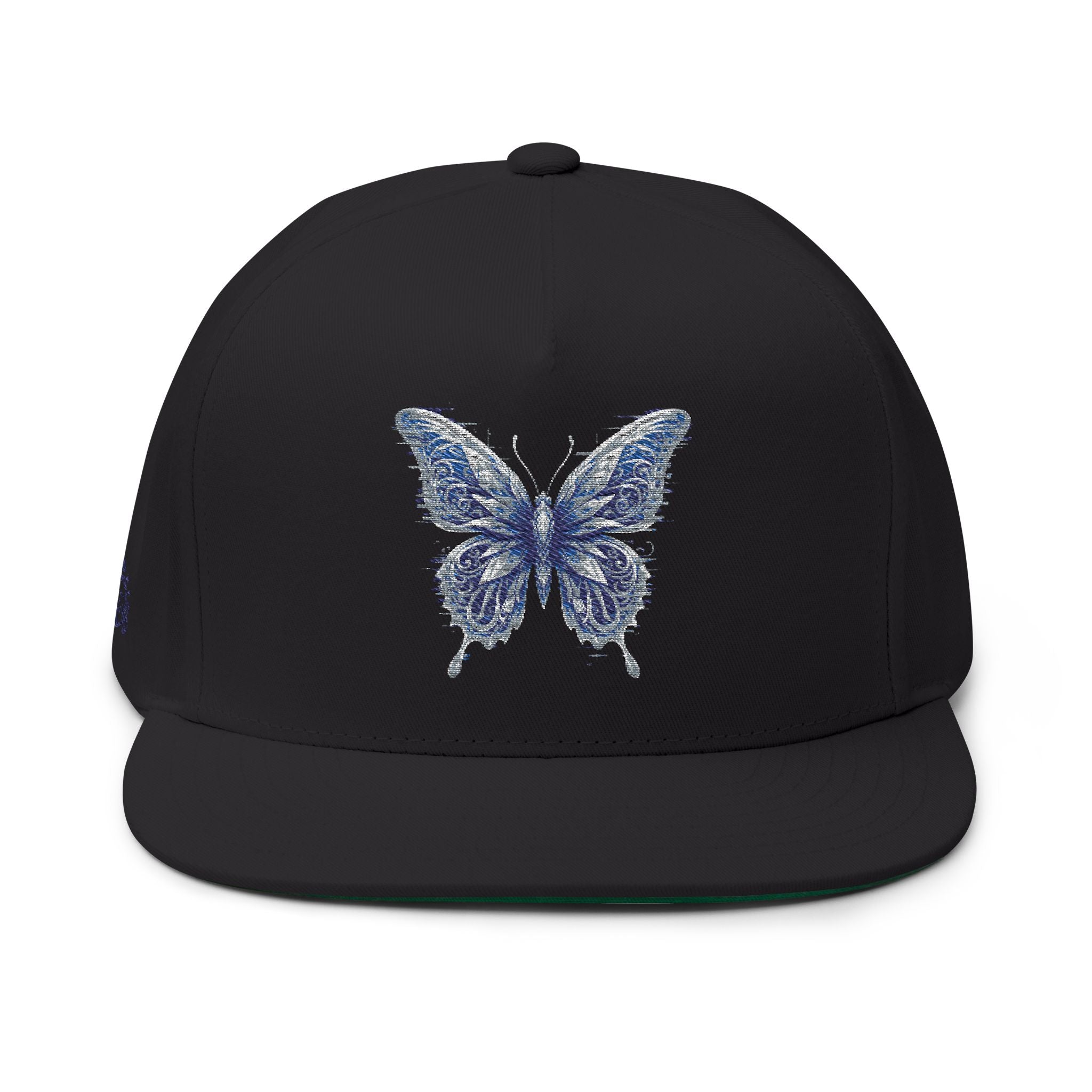 Embroidered Blue Butterfly Flat Bill Cap